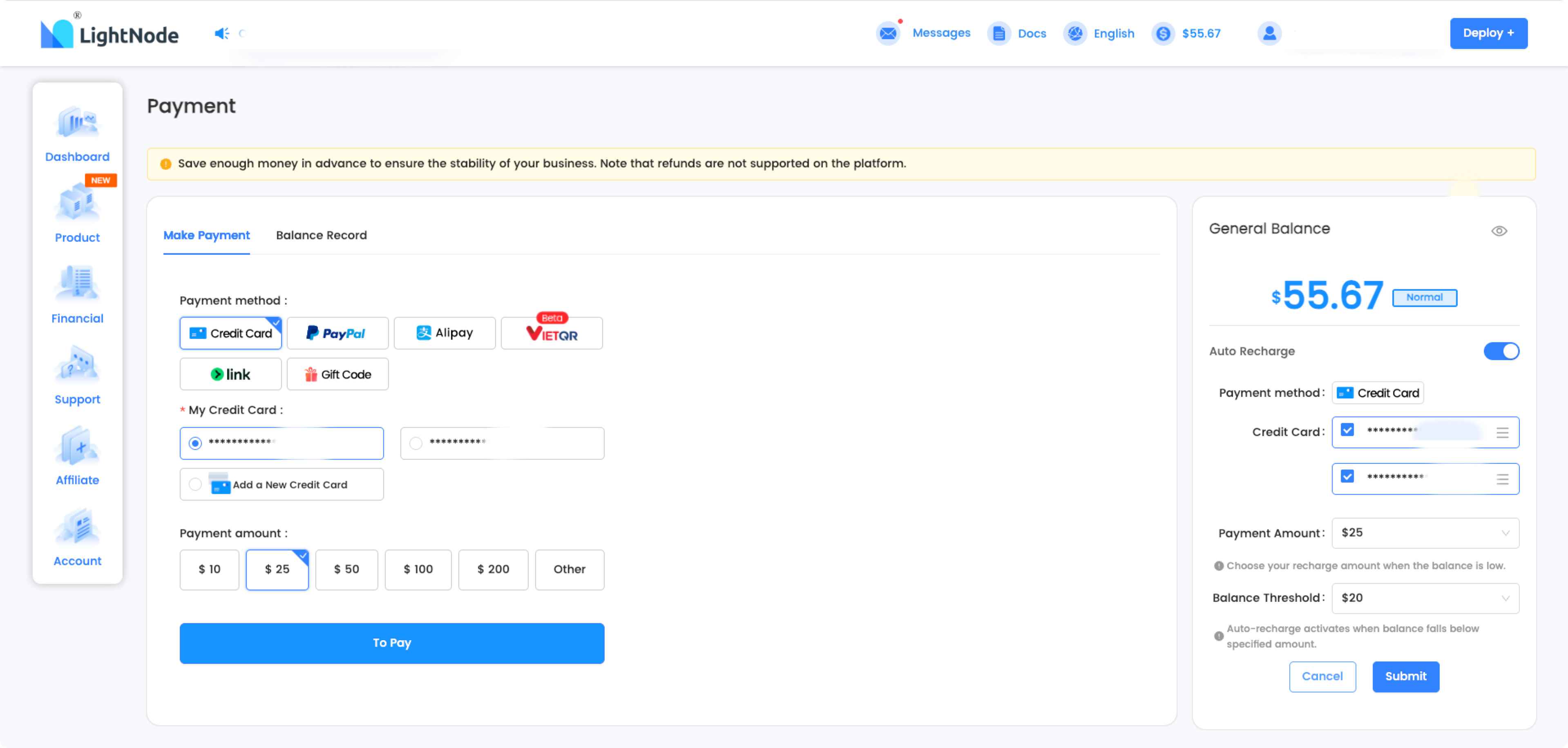 LightNode Auto Recharge + Link Payments